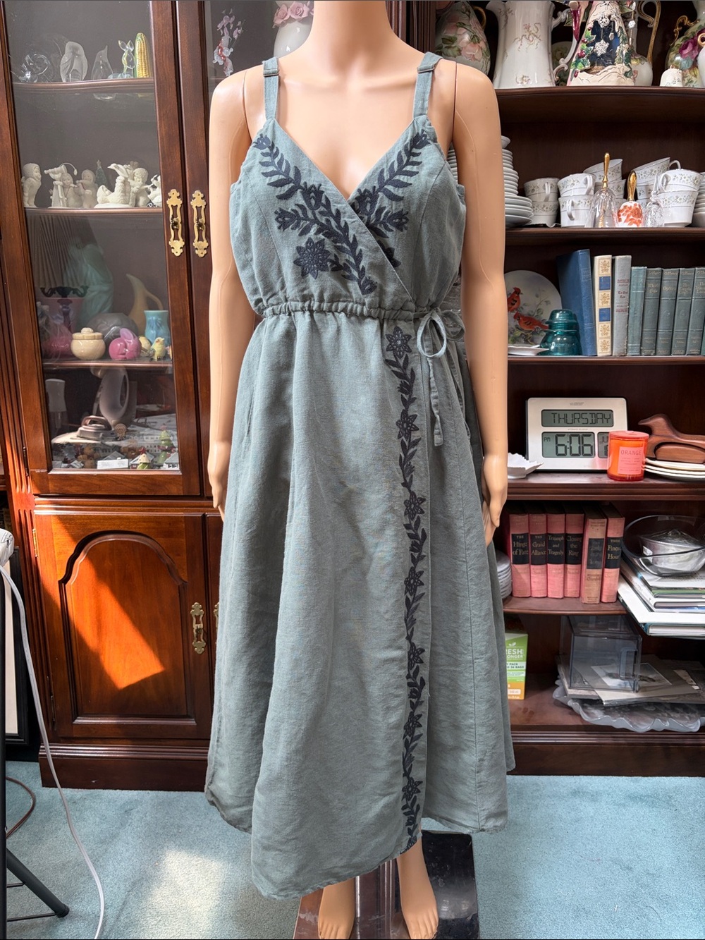 Voriagh Gisella Sleeveless Wrap Midi Dress with Embroidered Trim - Sage Green